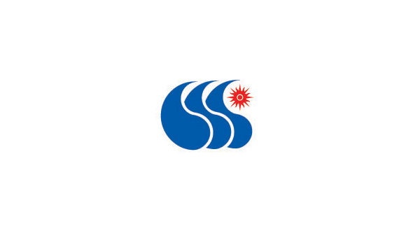 環(huán)保公司標(biāo)志設(shè)計：左邊以3個藍(lán)色水滴的造型依次排列與右上角紅色的太陽圖形協(xié)調(diào)設(shè)計