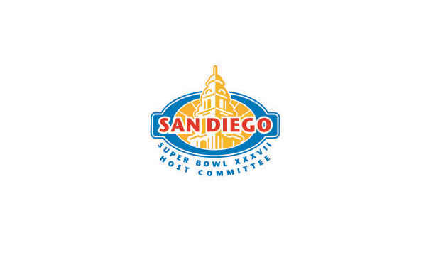 閃閃放光的寶塔樓LOGO設(shè)計(jì)：SAN DIEGO紅字與藍(lán)色的圖形金色的塔樓組合